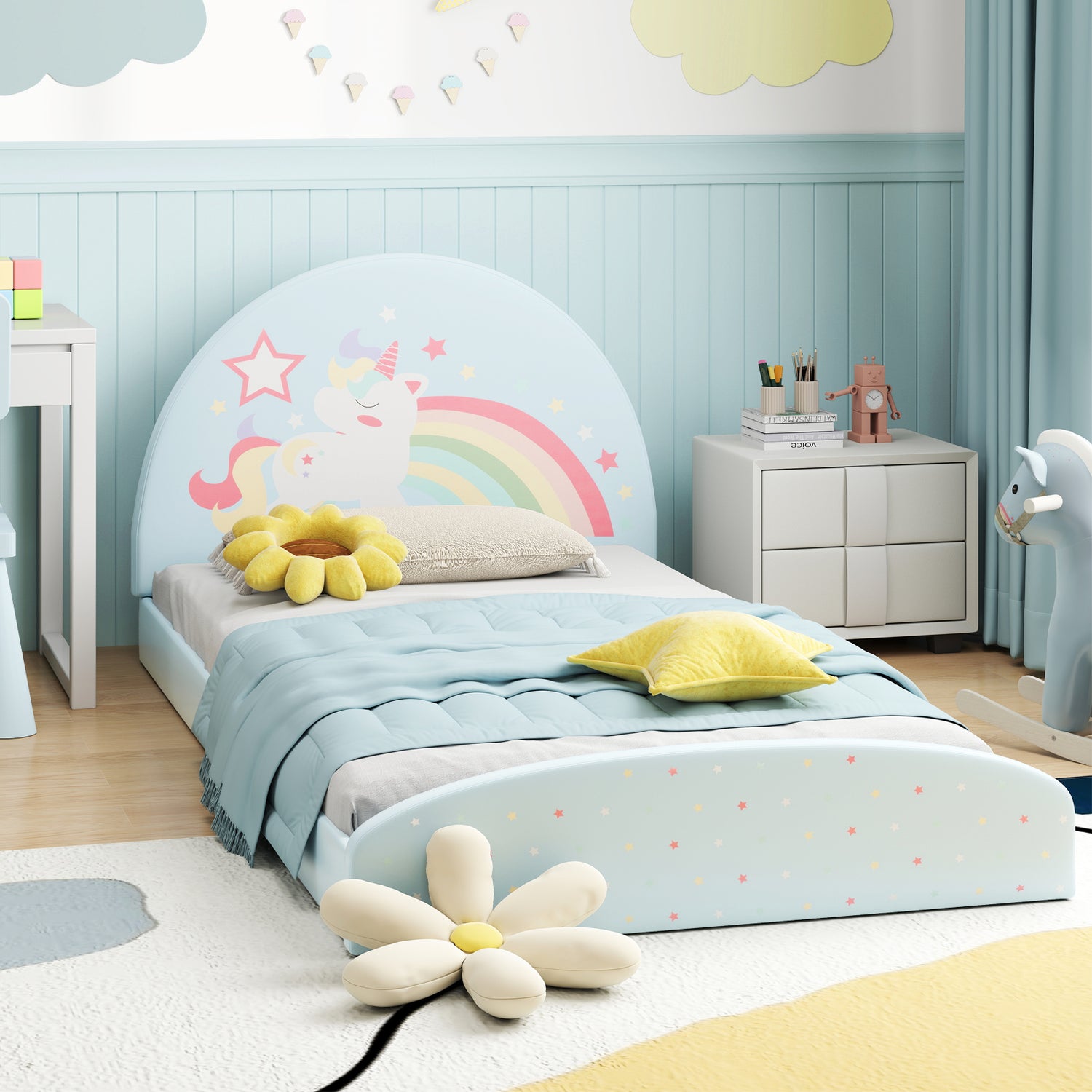 Single Floor Bed Frame, Upholstered Twin Size Kids Floor Bed with