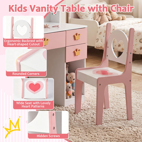 Kids Vanity Set with Crown Mirror & Chair for Girls