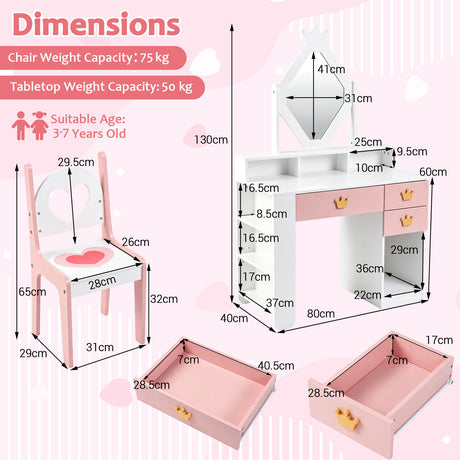 Kids Vanity Set with Crown Mirror & Chair for Girls