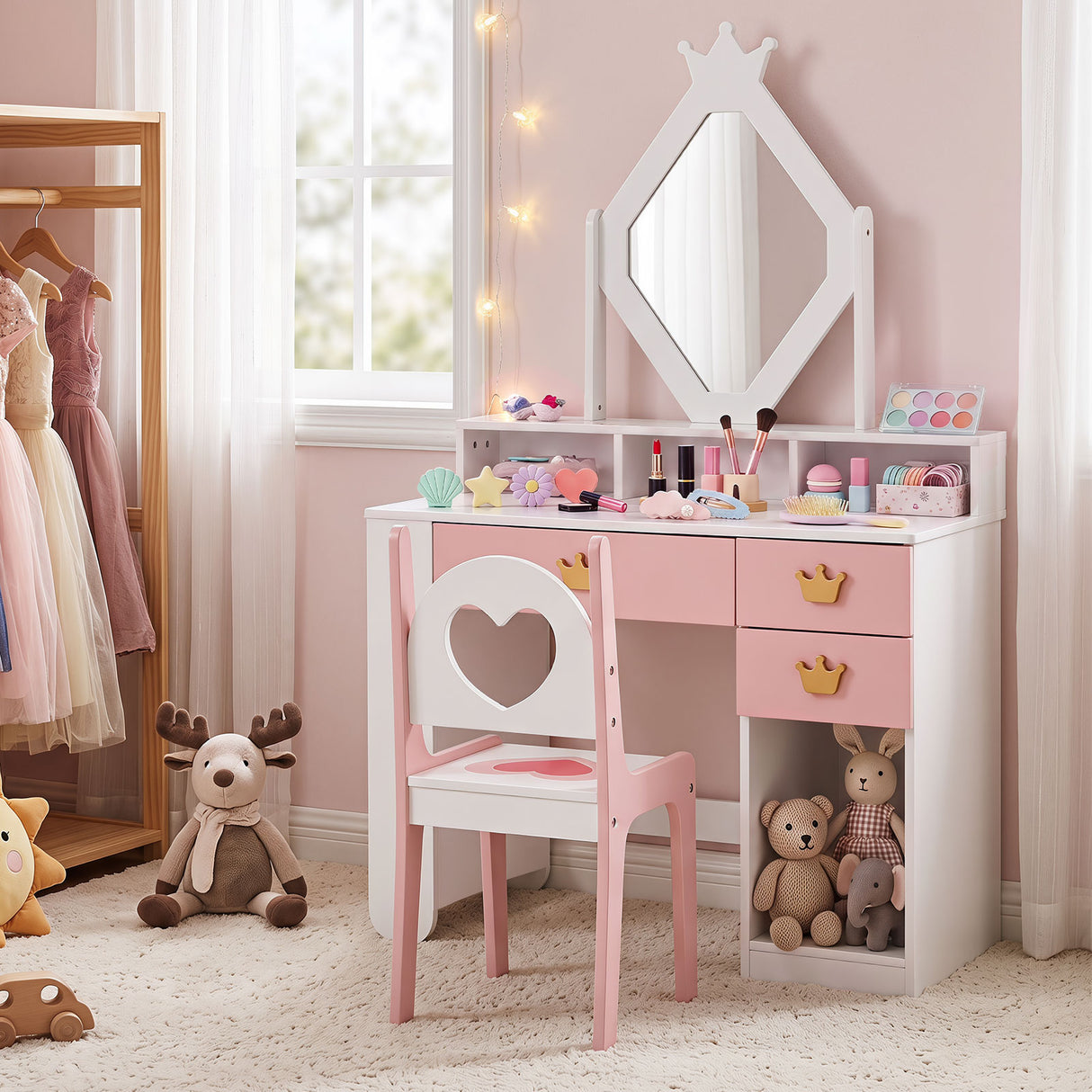 Kids Vanity Set with Crown Mirror & Chair for Girls