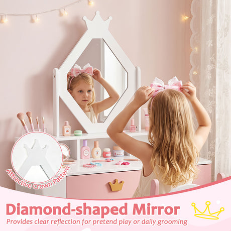 Kids Vanity Set with Crown Mirror & Chair for Girls