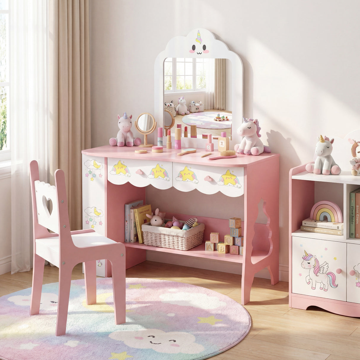 Princess Girls Makeup Table with Mirror and Chair