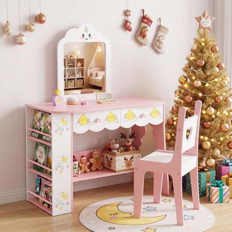 Princess Girls Makeup Table with Mirror and Chair