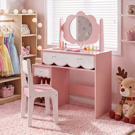 Kids Vanity Set with 360° Rotating Mirror & Chair for Girls