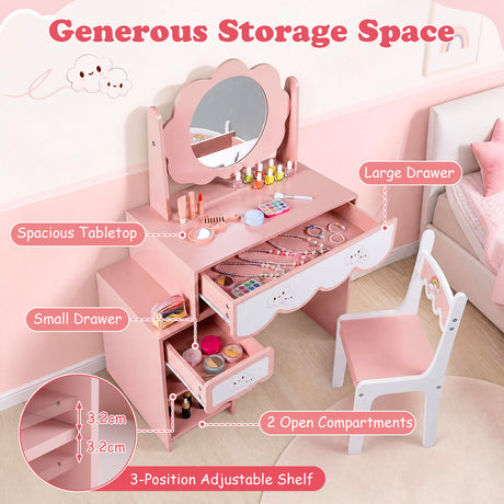 Kids Vanity Set with 360° Rotating Mirror & Chair for Girls