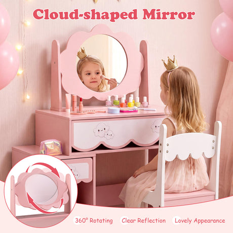 Kids Vanity Set with 360° Rotating Mirror & Chair for Girls