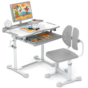 Children's desk and chair set with educational materials on a white background