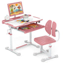 Children's pink desk and chair set with educational materials on a white background