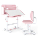 Pink and white adjustable desk and chair set on a white background
