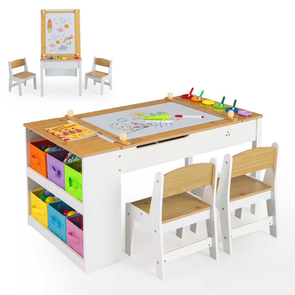 HONEY JOY Kids Table and Chairs Set, 2 in 1 Wooden Art Table & Easel Set for Children with 2 Chairs, 6 Storage Bins