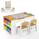 HONEY JOY Kids Table and Chairs Set, 2 in 1 Wooden Art Table & Easel Set for Children with 2 Chairs, 6 Storage Bins