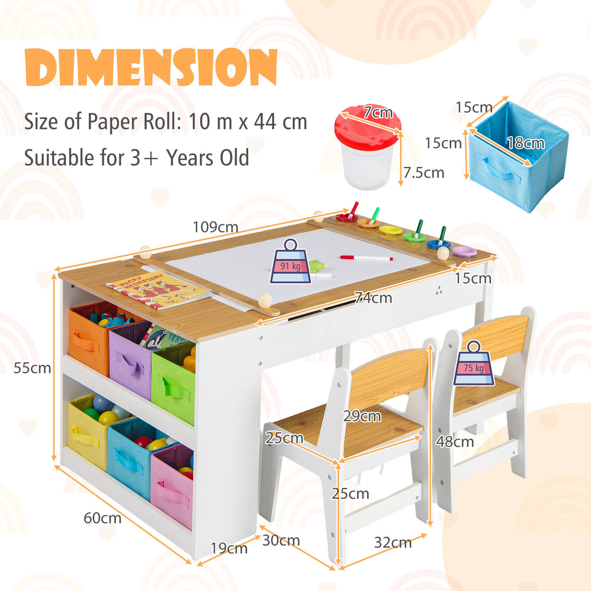 HONEY JOY Kids Table and Chairs Set, 2 in 1 Wooden Art Table & Easel Set for Children with 2 Chairs, 6 Storage Bins