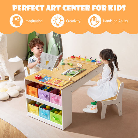 HONEY JOY Kids Table and Chairs Set, 2 in 1 Wooden Art Table & Easel Set for Children with 2 Chairs, 6 Storage Bins