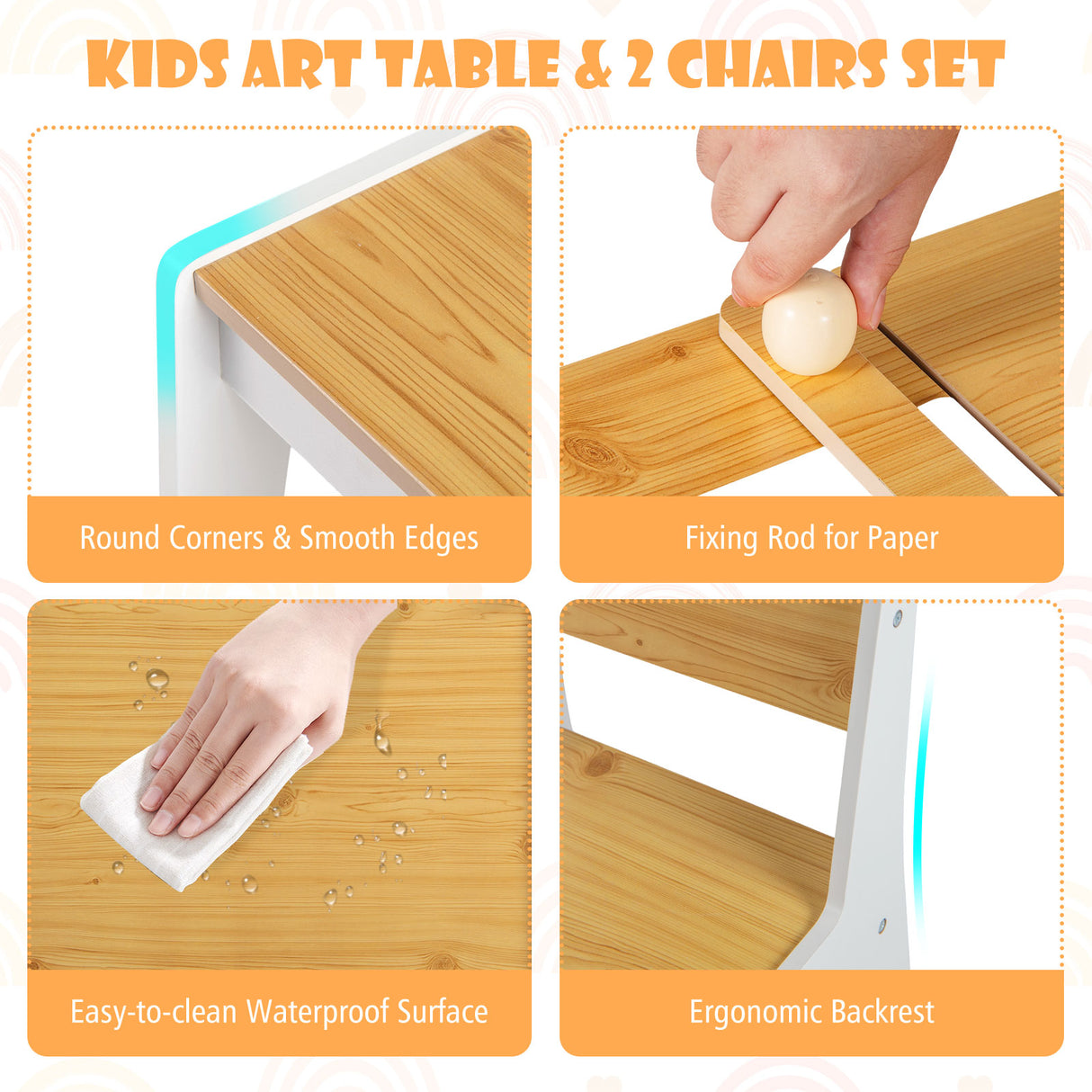 HONEY JOY Kids Table and Chairs Set, 2 in 1 Wooden Art Table & Easel Set for Children with 2 Chairs, 6 Storage Bins