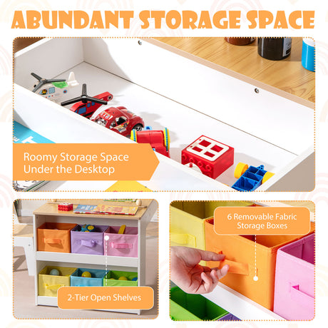 HONEY JOY Kids Table and Chairs Set, 2 in 1 Wooden Art Table & Easel Set for Children with 2 Chairs, 6 Storage Bins