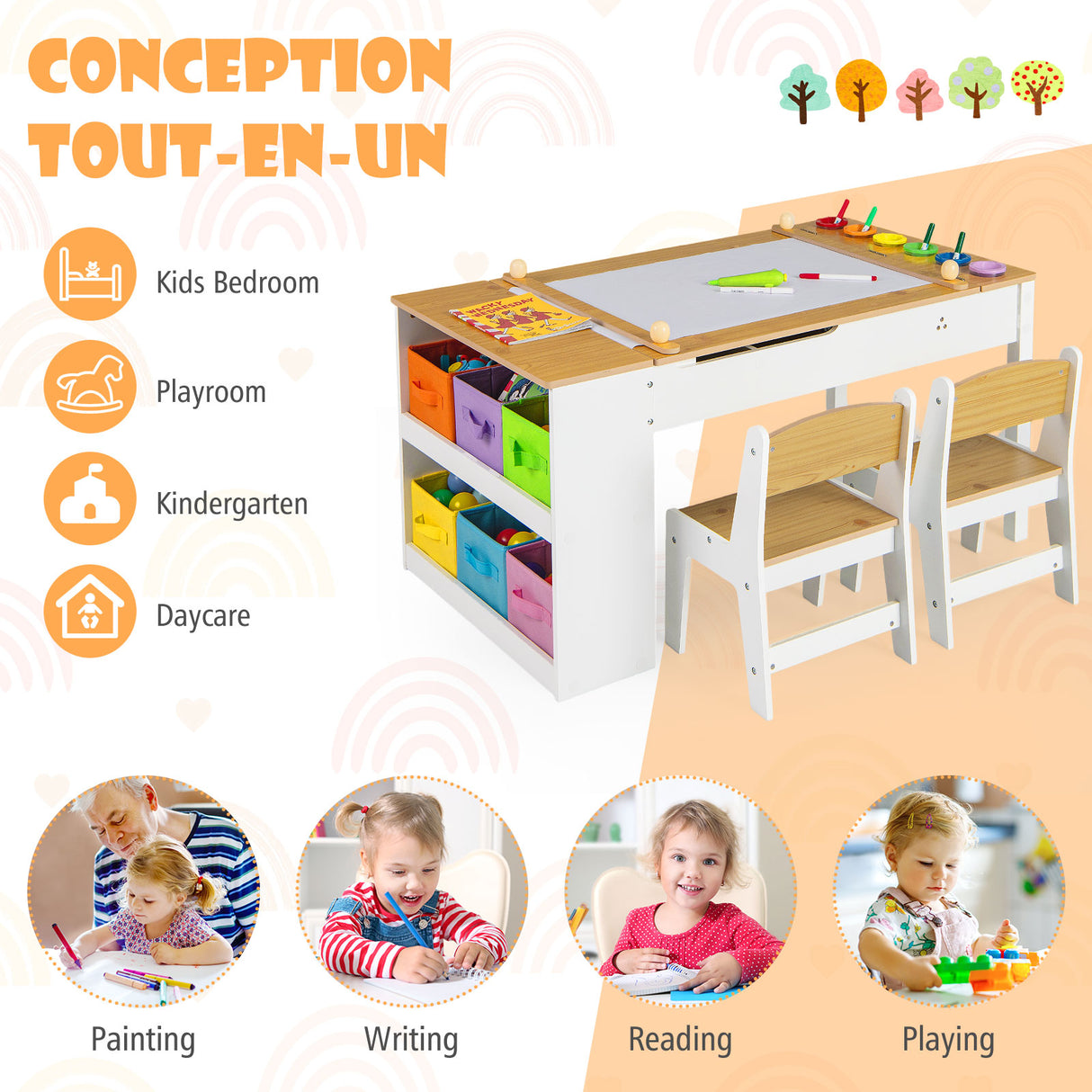 HONEY JOY Kids Table and Chairs Set, 2 in 1 Wooden Art Table & Easel Set for Children with 2 Chairs, 6 Storage Bins
