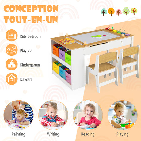 HONEY JOY Kids Table and Chairs Set, 2 in 1 Wooden Art Table & Easel Set for Children with 2 Chairs, 6 Storage Bins