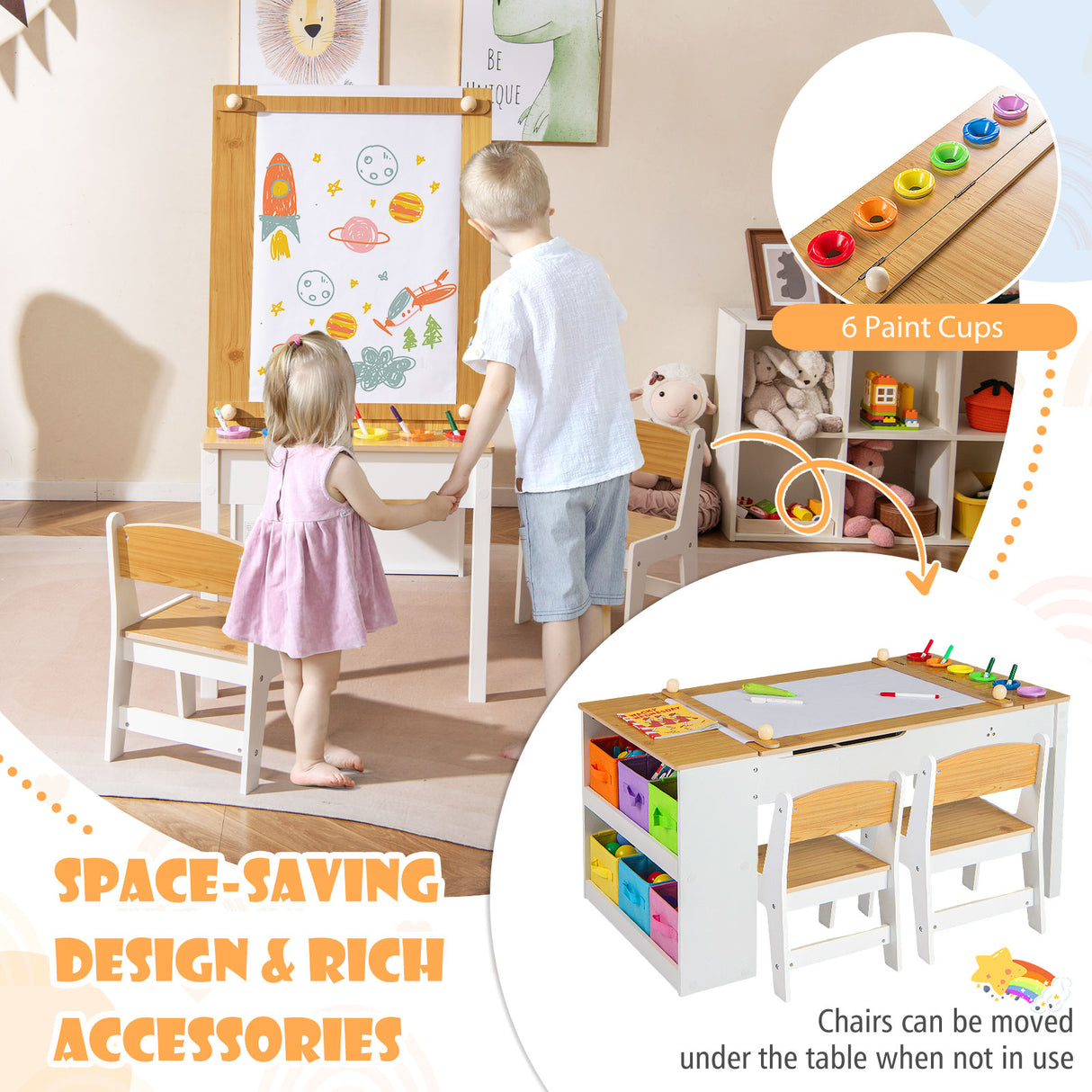 HONEY JOY Kids Table and Chairs Set, 2 in 1 Wooden Art Table & Easel Set for Children with 2 Chairs, 6 Storage Bins