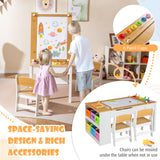 HONEY JOY Kids Table and Chairs Set, 2 in 1 Wooden Art Table & Easel Set for Children with 2 Chairs, 6 Storage Bins