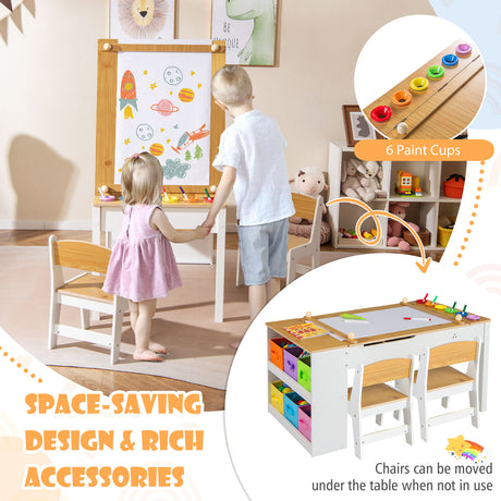 HONEY JOY Kids Table and Chairs Set, 2 in 1 Wooden Art Table & Easel Set for Children with 2 Chairs, 6 Storage Bins