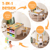 HONEY JOY Kids Table and Chairs Set, 2 in 1 Wooden Art Table & Easel Set for Children with 2 Chairs, 6 Storage Bins