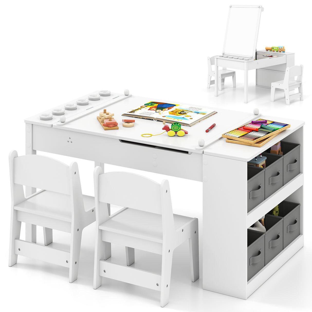HONEY JOY Kids Table and Chairs Set, 2 in 1 Wooden Art Table & Easel Set for Children with 2 Chairs, 6 Storage Bins