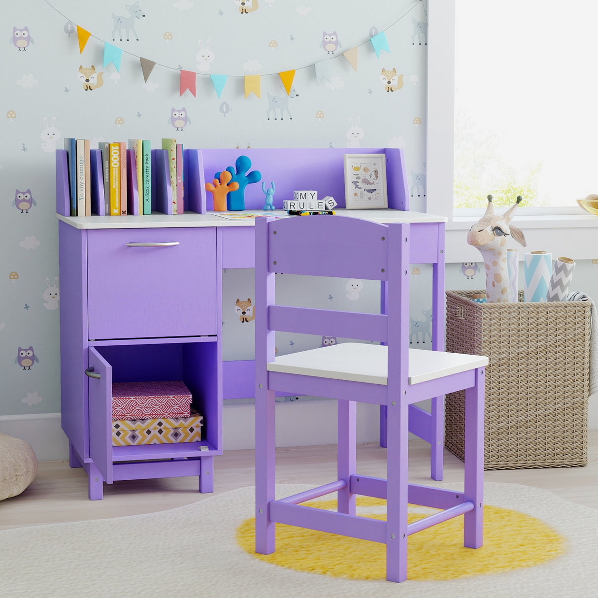 Kid's Study Desk & Chair Set, Children Table with Wide Desktop for 3+ Years Old Boys and Girls