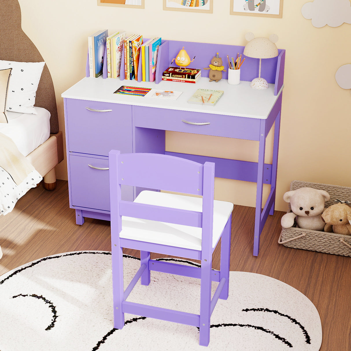Kid's Study Desk & Chair Set, Children Table with Wide Desktop for 3+ Years Old Boys and Girls