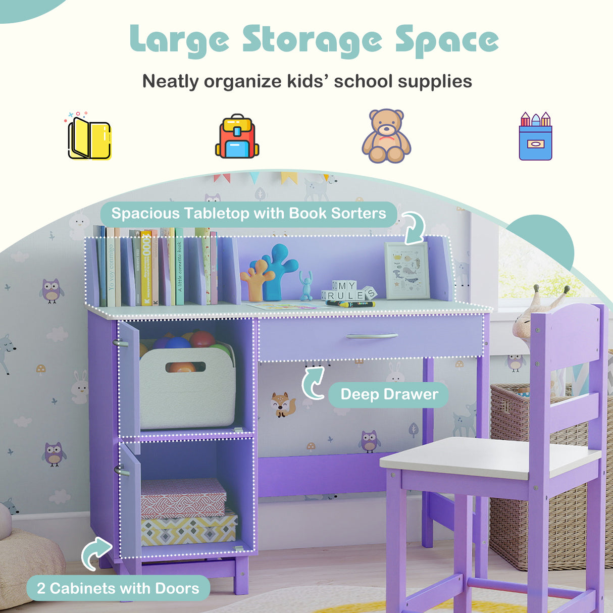 Kid's Study Desk & Chair Set, Children Table with Wide Desktop for 3+ Years Old Boys and Girls