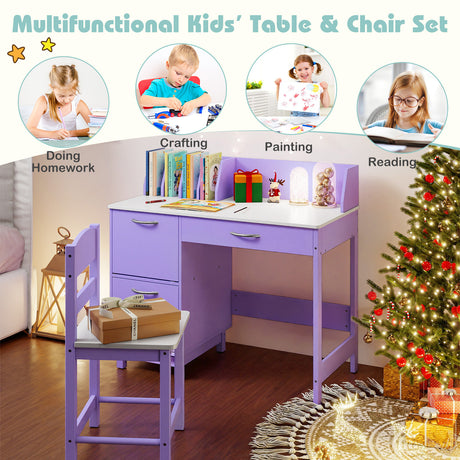 Kid's Study Desk & Chair Set, Children Table with Wide Desktop for 3+ Years Old Boys and Girls