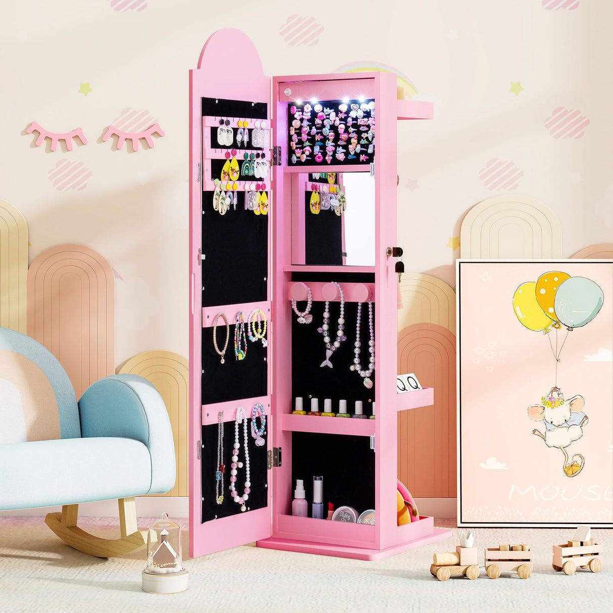 Kids Jewelry Cabinet with Lights with Full-Length Mirror