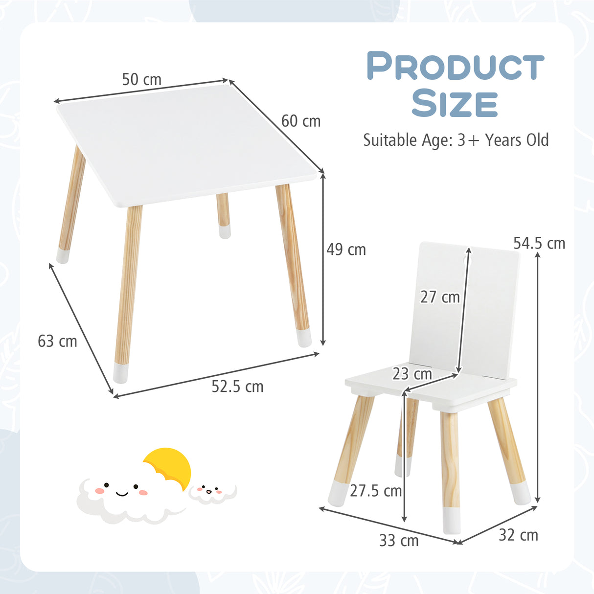 Kids Table and 2 Chairs Set, w/ Pine Wood Legs, Children Activity Table Set