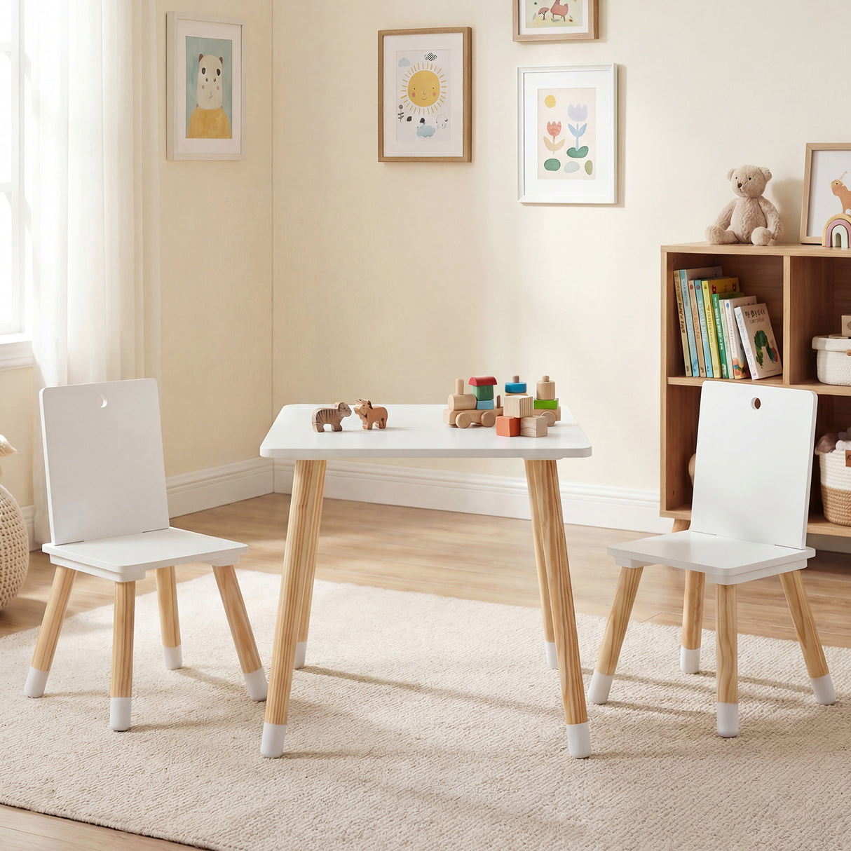 Kids Table and 2 Chairs Set, w/ Pine Wood Legs, Children Activity Table Set