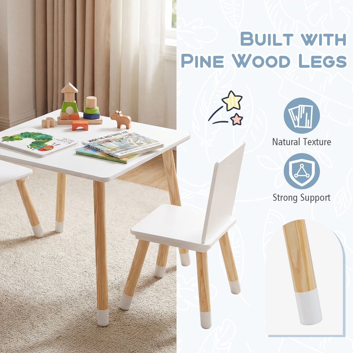 Kids Table and 2 Chairs Set, w/ Pine Wood Legs, Children Activity Table Set
