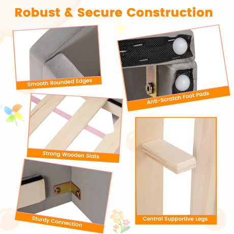 Velvet Fabric Children Floor Bed with Safety Rails and Headboard