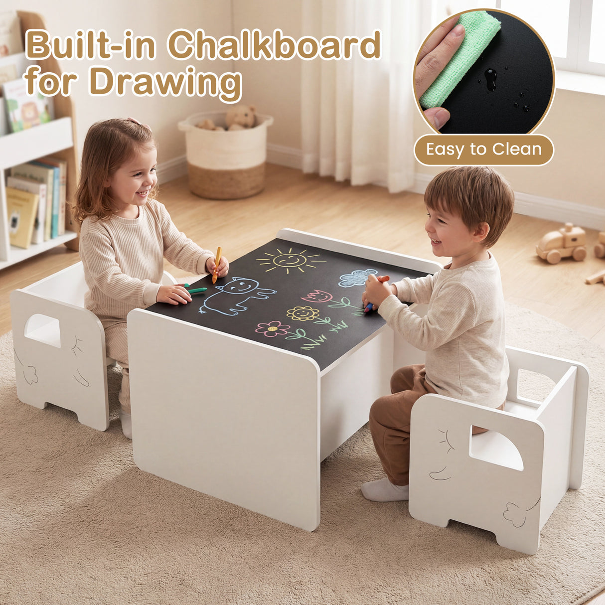 3 PCS Kids Table and Chair Set Space-saving Toddler Table and 2 Chairs with Chalkboard