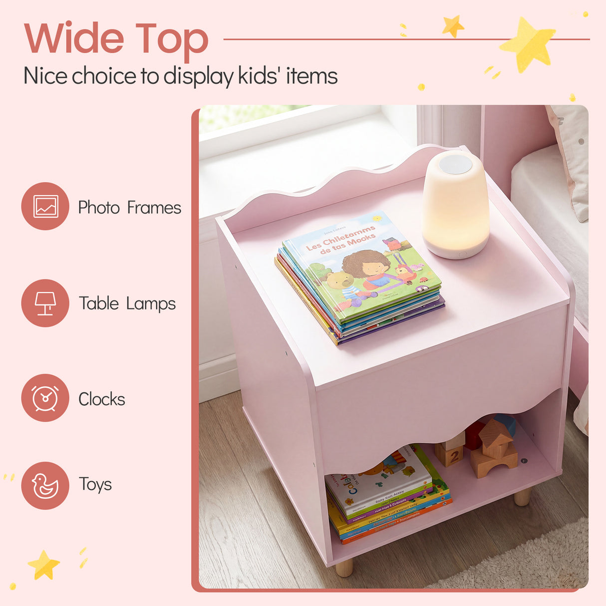 HONEY JOY Kids Bedside Table, Toddler Nightstand with Wide Top & Open Compartment