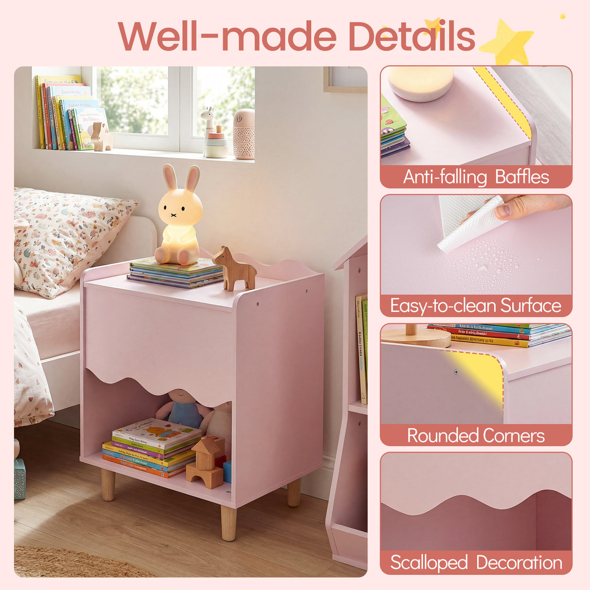 HONEY JOY Kids Bedside Table, Toddler Nightstand with Wide Top & Open Compartment