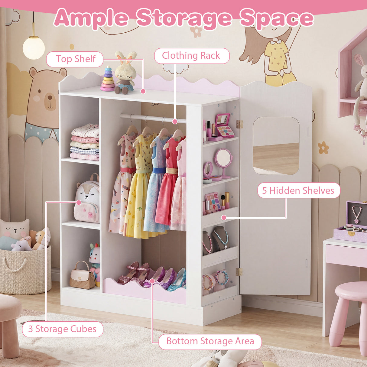 HONEY JOY Kids Clothing Rack with Mirror, Children Dress Up Center
