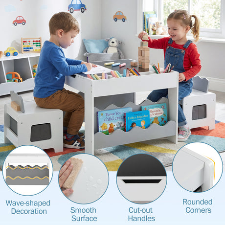 Wooden Kids Table and Chairs Set Multi-purpose Activity Table Set with Tabletop