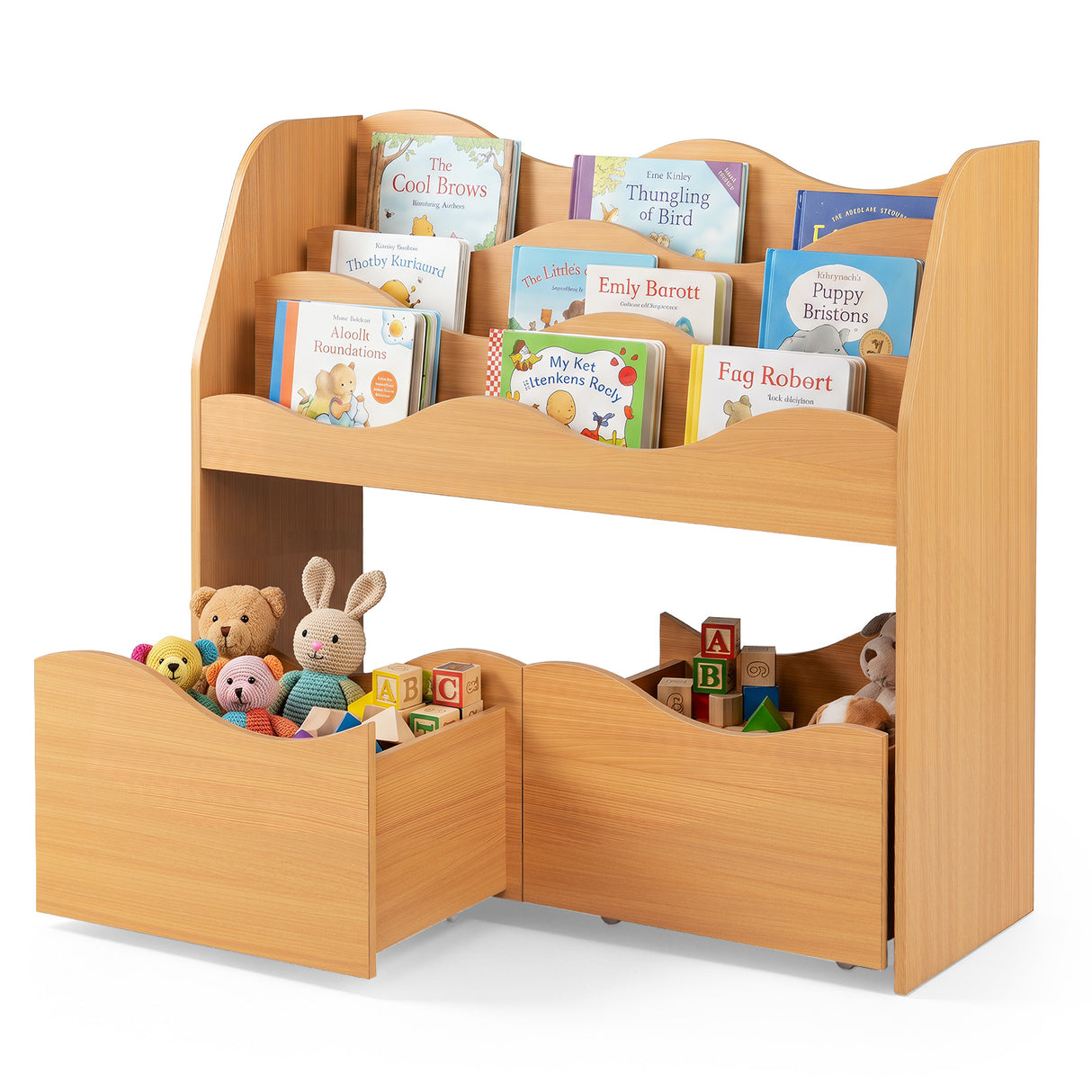 Kids Toy Storage Organizer, Wooden Montessori Bookshelf with 2 Rolling Drawers, Toddler Storage Cabinet