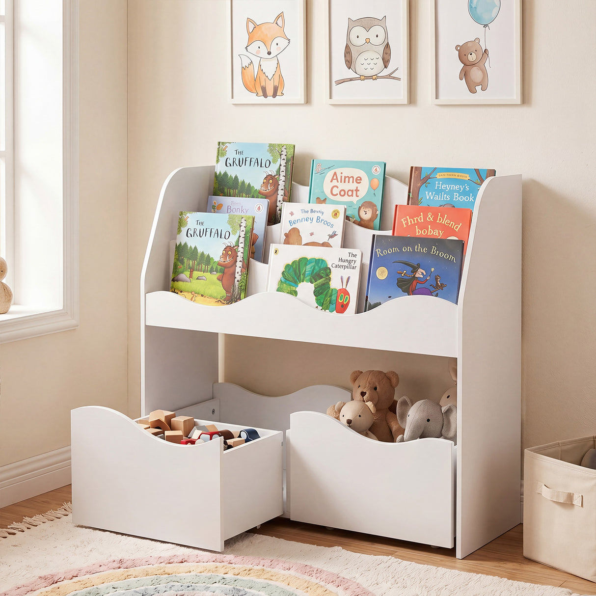 Kids Toy Storage Organizer, Wooden Montessori Bookshelf with 2 Rolling Drawers, Toddler Storage Cabinet