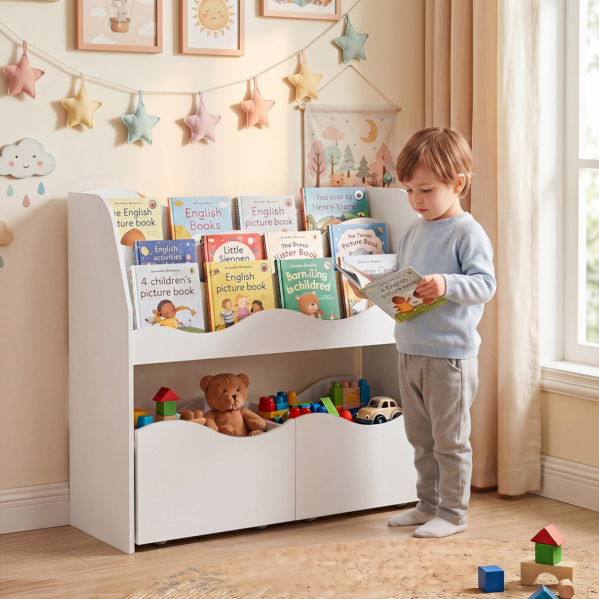 Kids Toy Storage Organizer, Wooden Montessori Bookshelf with 2 Rolling Drawers, Toddler Storage Cabinet