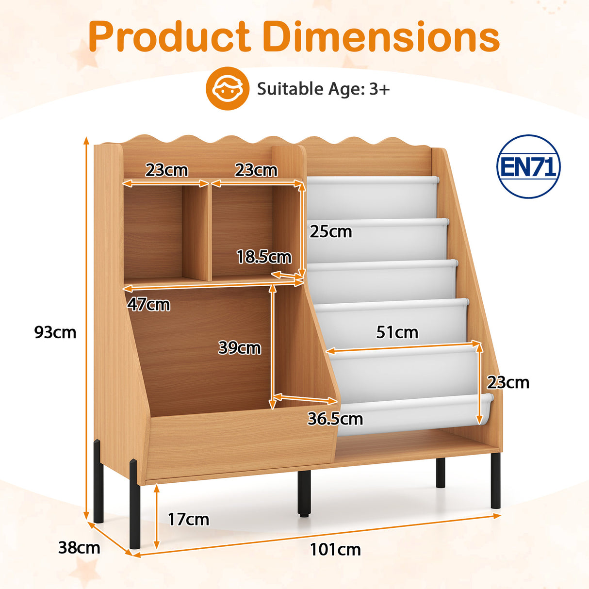 Kids Bookshelf and Toy Storage Organizer with 5 Fabric Pockets and Metal Legs