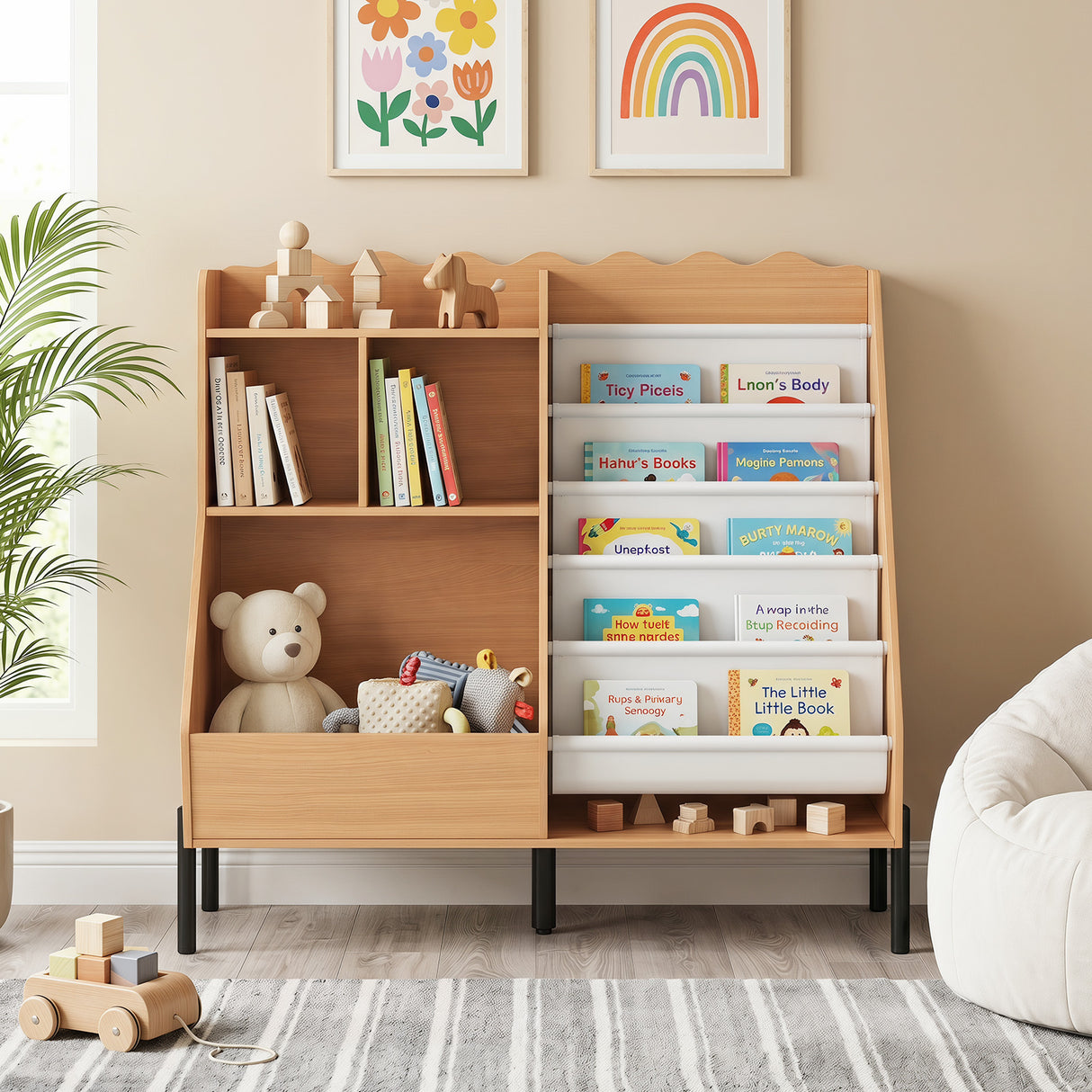 Kids Bookshelf and Toy Storage Organizer with 5 Fabric Pockets and Metal Legs