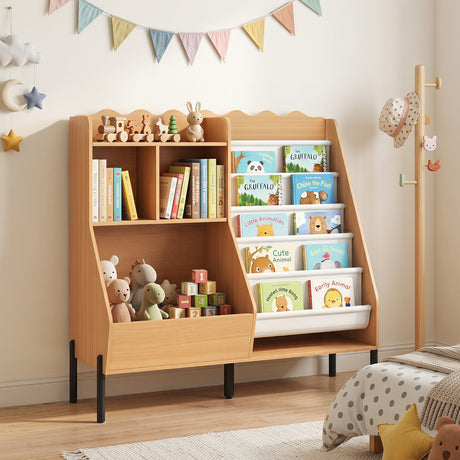 Kids Bookshelf and Toy Storage Organizer with 5 Fabric Pockets and Metal Legs