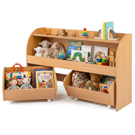 Kids Toy Storage Organizer, Toddler Wooden Montessori Toy Storage Shelf with 2 Rolling Drawers