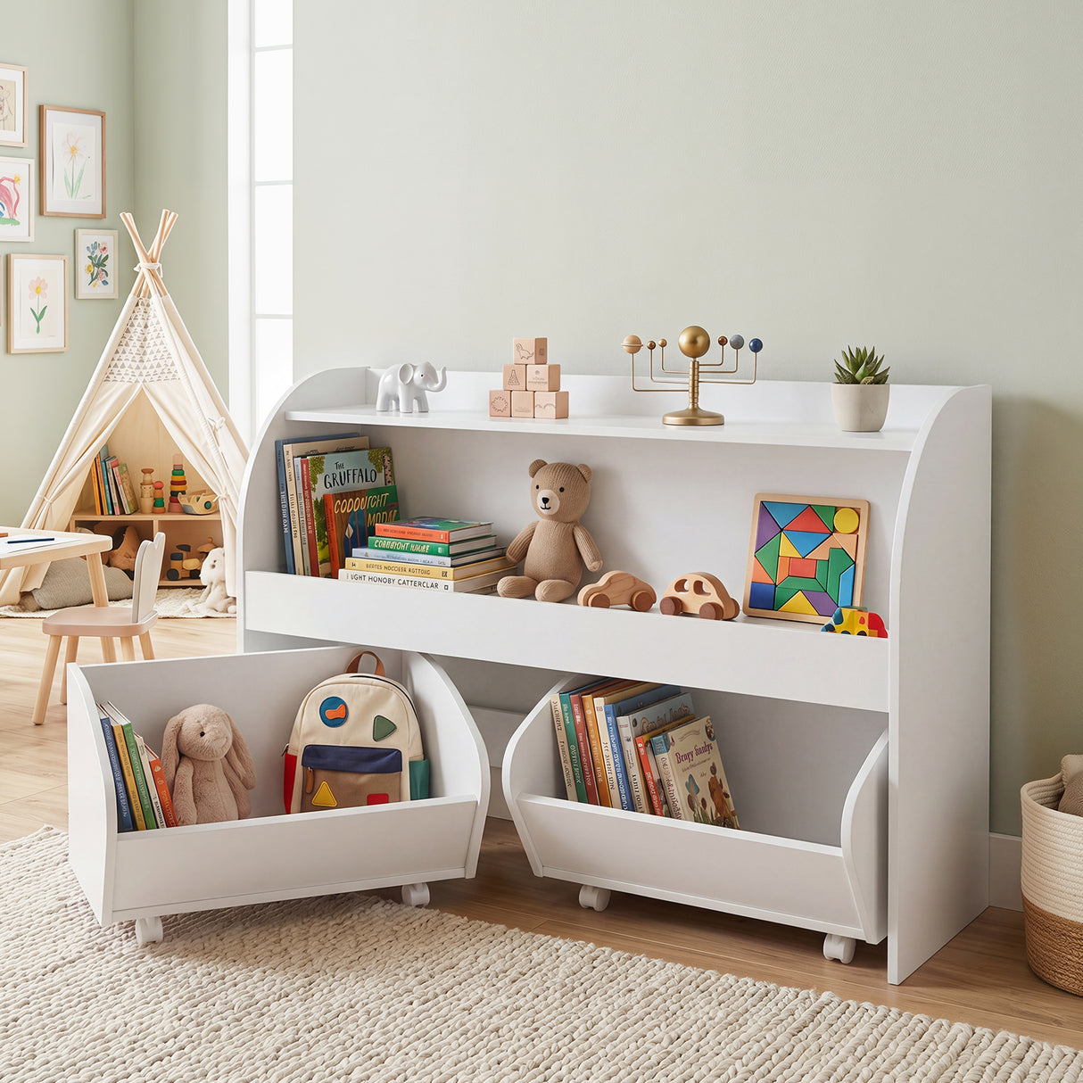 Kids Toy Storage Organizer, Toddler Wooden Montessori Toy Storage Shelf with 2 Rolling Drawers