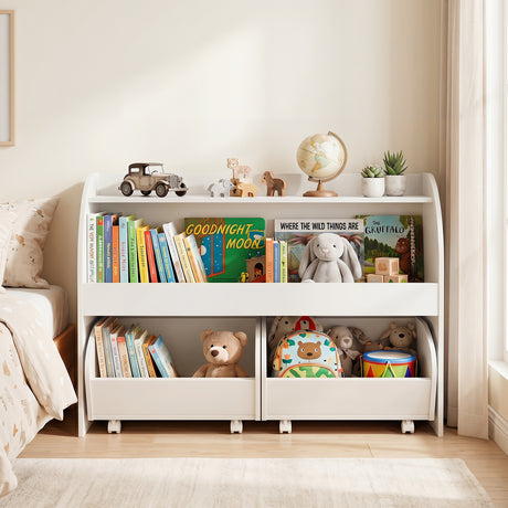 Kids Toy Storage Organizer, Toddler Wooden Montessori Toy Storage Shelf with 2 Rolling Drawers