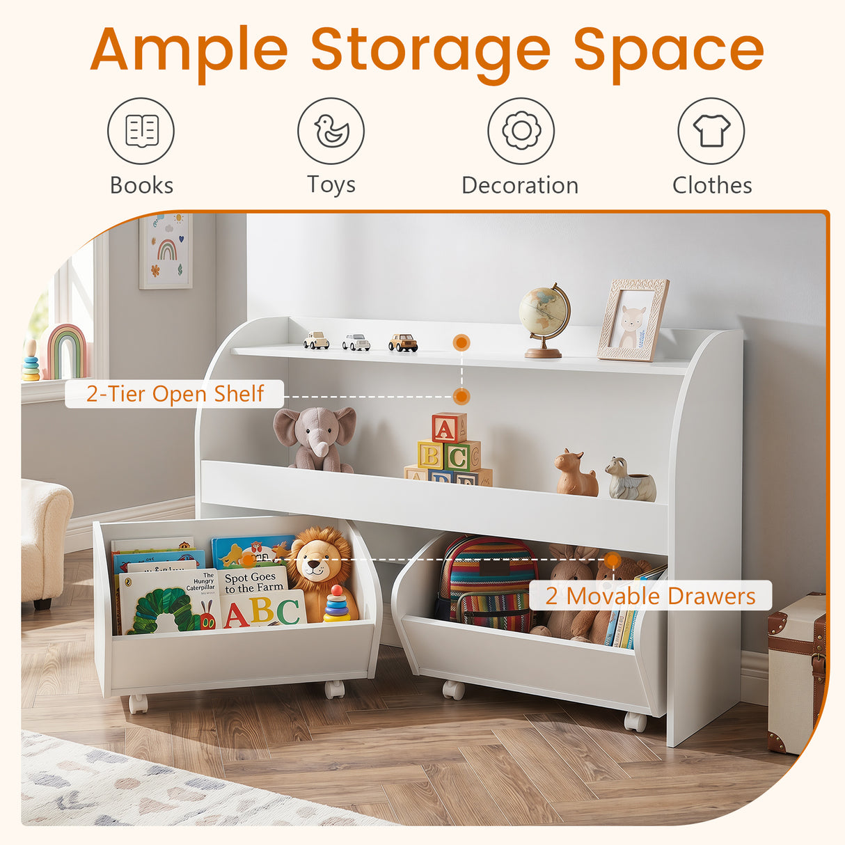 Kids Toy Storage Organizer, Toddler Wooden Montessori Toy Storage Shelf with 2 Rolling Drawers